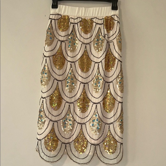 Lovely Girl Ivory Sequined Beaded Midi Skirt Small Elastic Waist Scalloped Hem - Picture 1 of 7